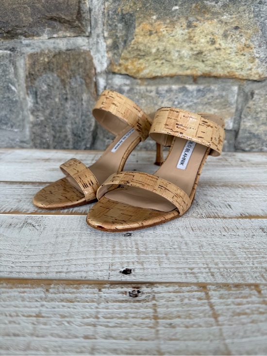 Manolo Blahnik Shoes - Manolo Blahnik Cork-Textured Double-Strap Heeled Mules in Natural Tan